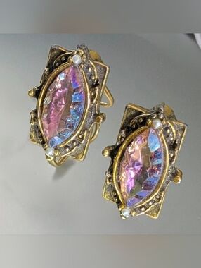 Vintage Signed TARA Aurora Borealis Crystal Clip-On Earrings - Marquise Cut